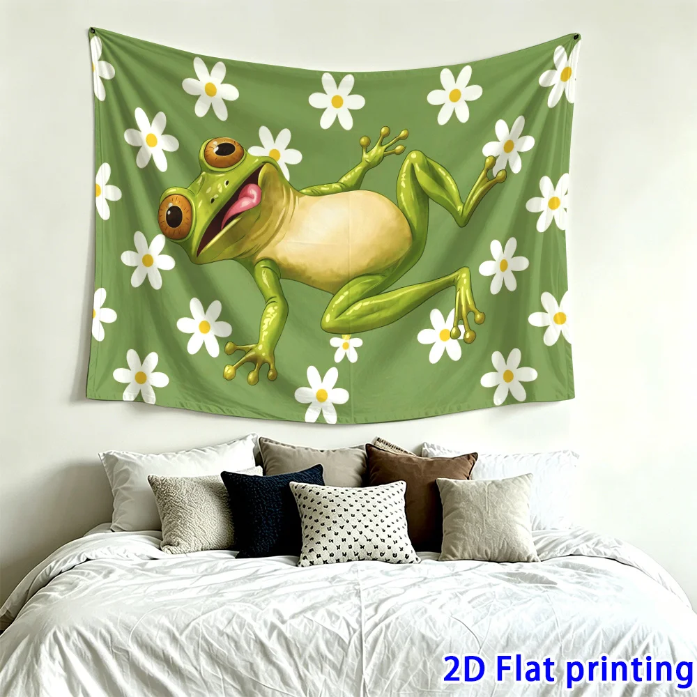 Bohemian Frog Tapestry Wall Hanging Green Floral Art Poster Polyester Print Tropical Nature Decor for Bedroom Living Room Boho A