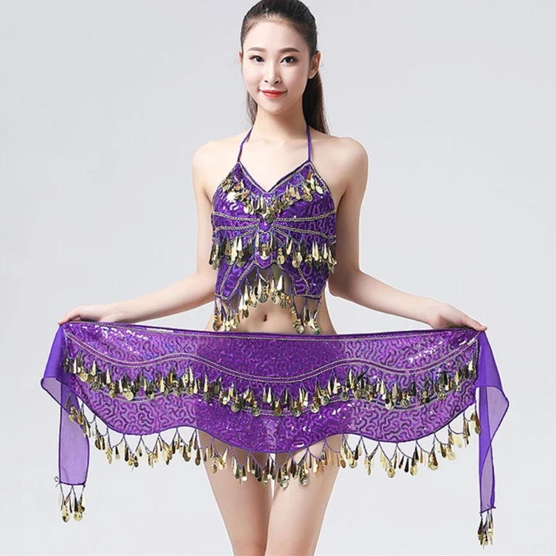 Women Bellydance Hip Scarf Skirts with Gold Belly Dance Belt Skirts Wrap