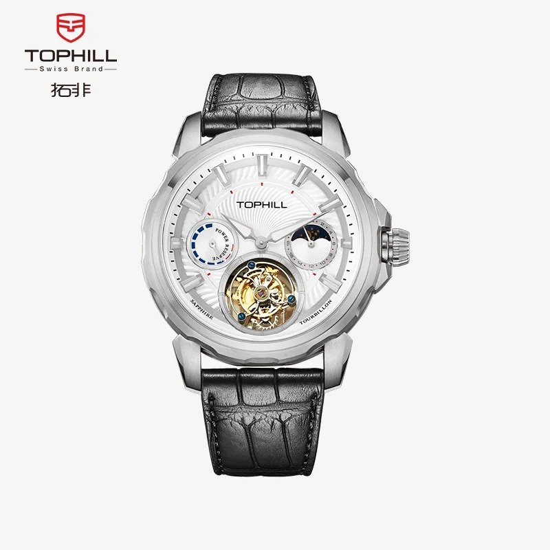 TOPHILL Tourbillon 21600HZ Crocodile Strap Waterproof Stainless Steel Sapphire Crystal Mechanical Hand Wind Watch for Man TU005G