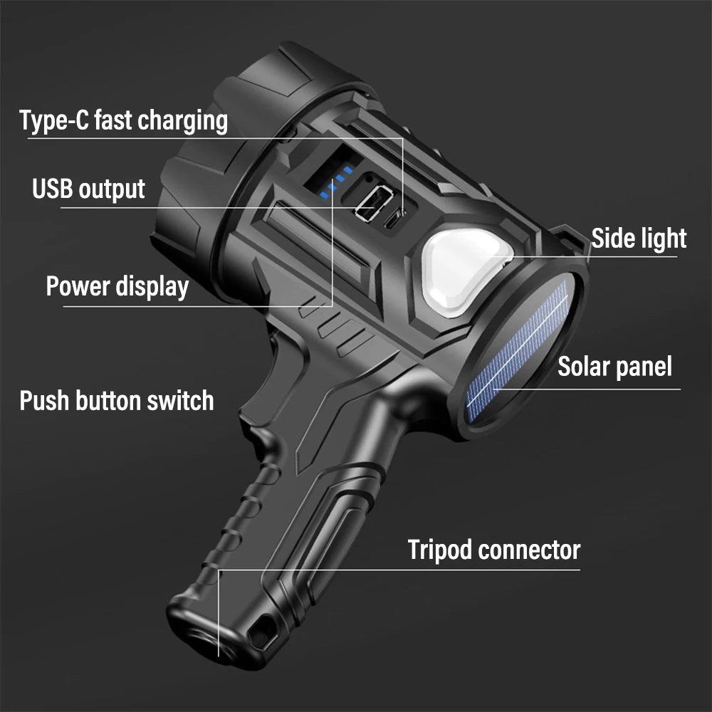 High Power Handheld LED Searchlight Super Bright Solar Flashlight 4 Light Colors Waterproof Outdoor Lighting for Adventure