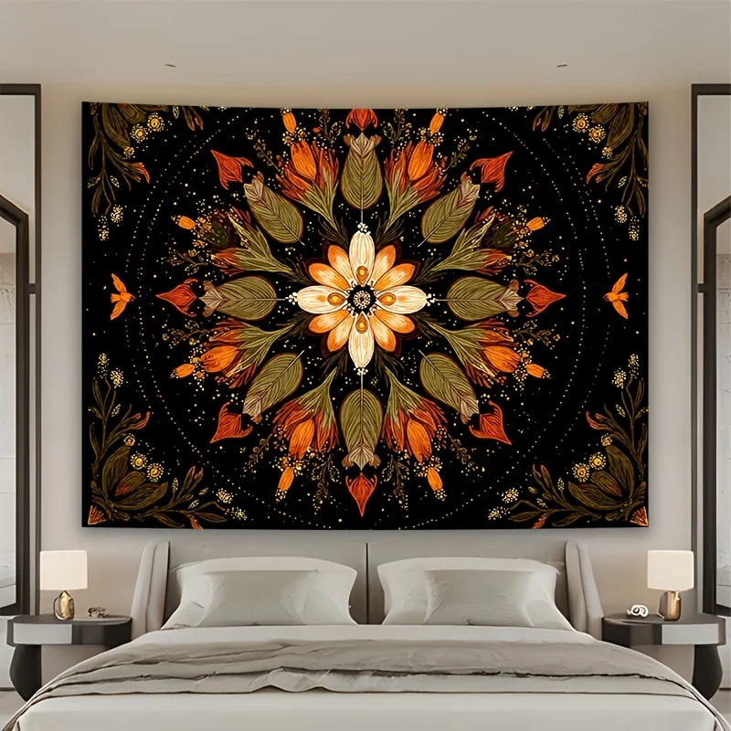 Large Tapestry Wall Hanging Boho Floral Mandala Botanical Autumn Gold Decor Art Print 180x320cm