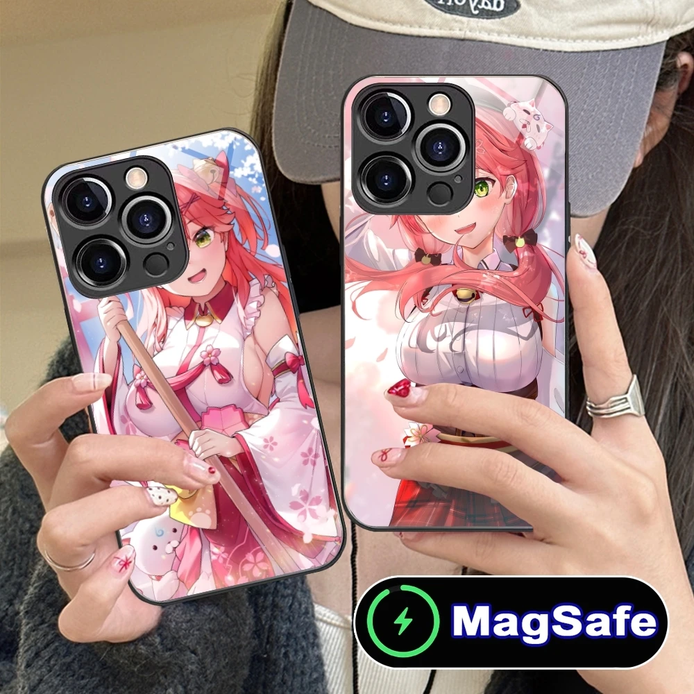 Holo Anime Sakura Miko Mobile Phone Case for iPhone 16 15 14 13 12 11 Pro Max Plus Mini MagSafe Wireless Charging Glass Cover