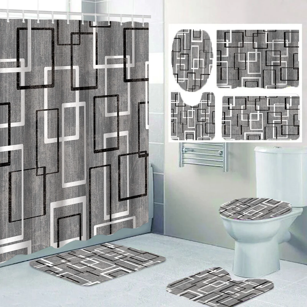 1/4 Duschvorhänge mit geometrischem Gitter, Toilettensitz-Dekoration, Duschvorhang mit Teppich und Toilettendeckel, 12 70,8 x 70,8 Zoll Haken