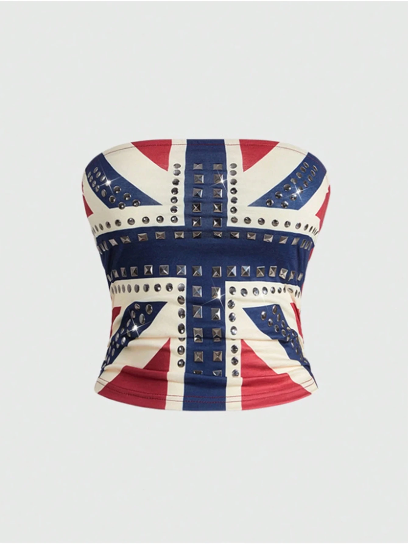 Trägerloses Damen-Tube-Top mit Union-Jack-Print, Metallnieten und Strass