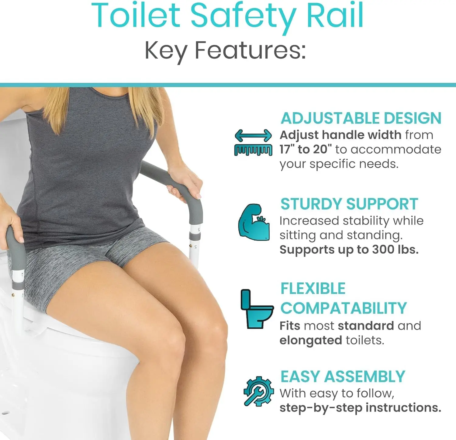 Toilet Safety Rail - Adjustable Grab Bar - Compact Support Frame with Handrail for Bathroom Toilet Seat - Easy Installation