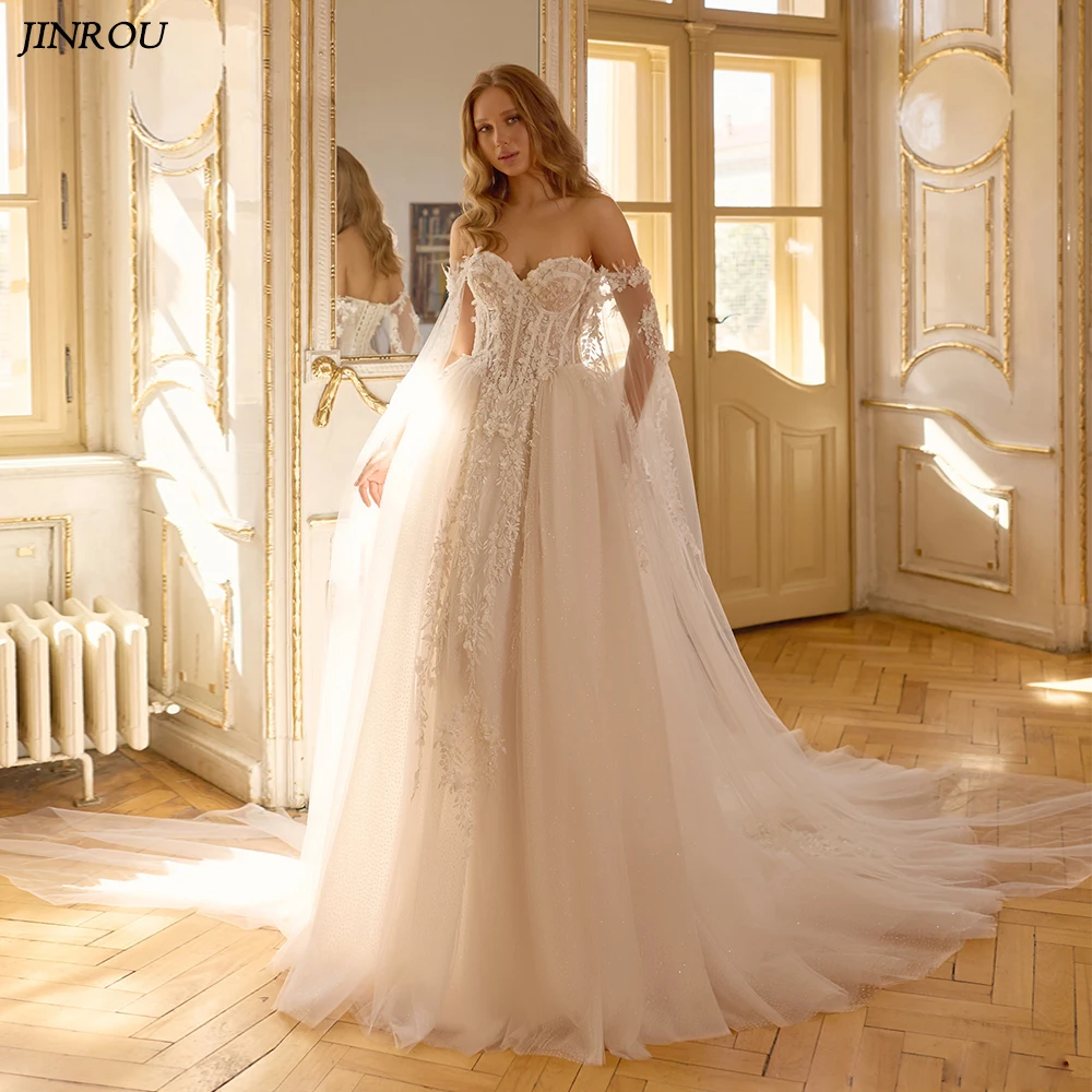 Customized Wedding Dresses Sweetheart Glitter Tulle A-line Bridal Gowns Detachable Cape Sleeves 3D Appliques Vestidos De Novial