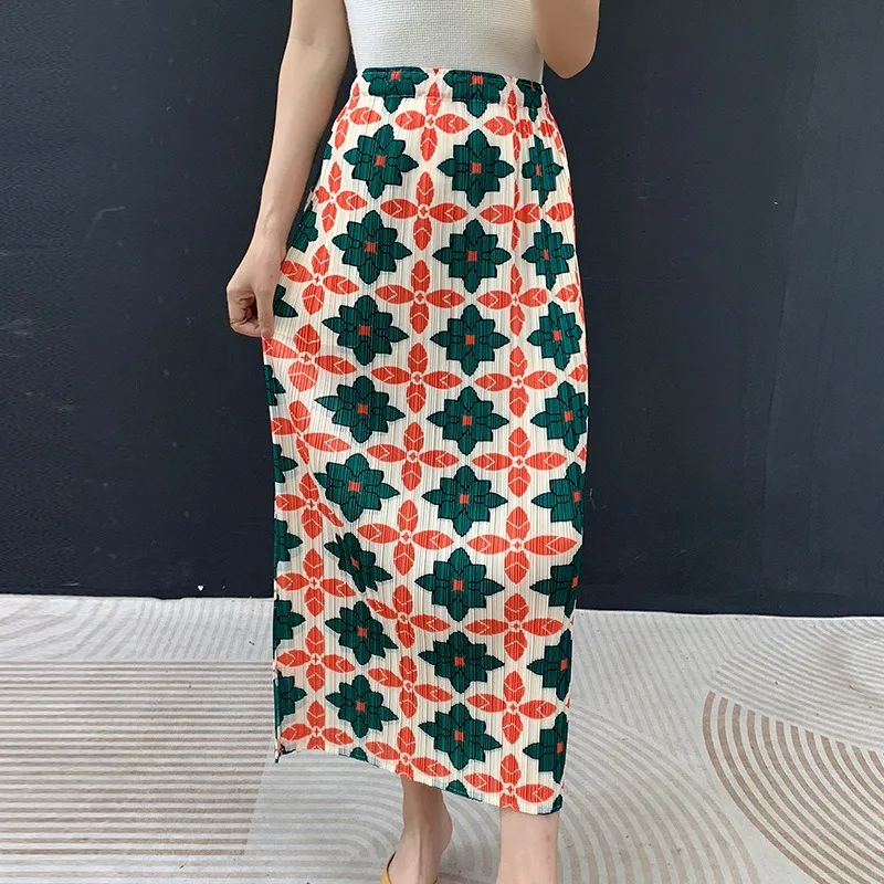 Miyake Pleated Heavy Pleated Printed Color-Block Fashion Skirt 2026 Summer Design Sense Niche Slim Fit Mid-Length Skirt Pleat
