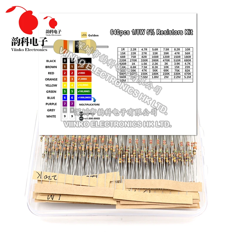 640pcs 1/8W Carbon Film Resistor Kit 5% Resistance Assorted Set 64valuesX10pcs 1R - 10M ohm 0.125W Sample Pack