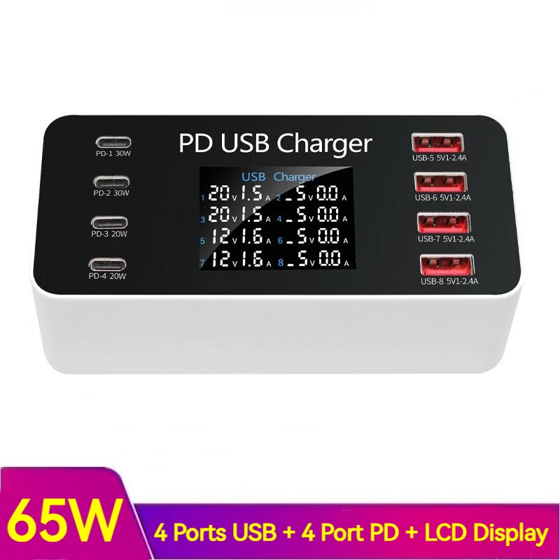 

65W Multi USB Fast Charger Station 4-Port USB 4 Ports PD 30W Charging Carregador for Tablet Smartphone Iphone 14 13 Samsung S23