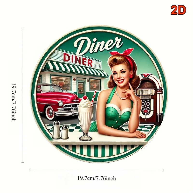 1pc a 2D Flat Printed Metal Sign Measuring 8.0X8.0 inch, Featuring Vintage 1950S Diner Art with a Classic Car, a Waitress
