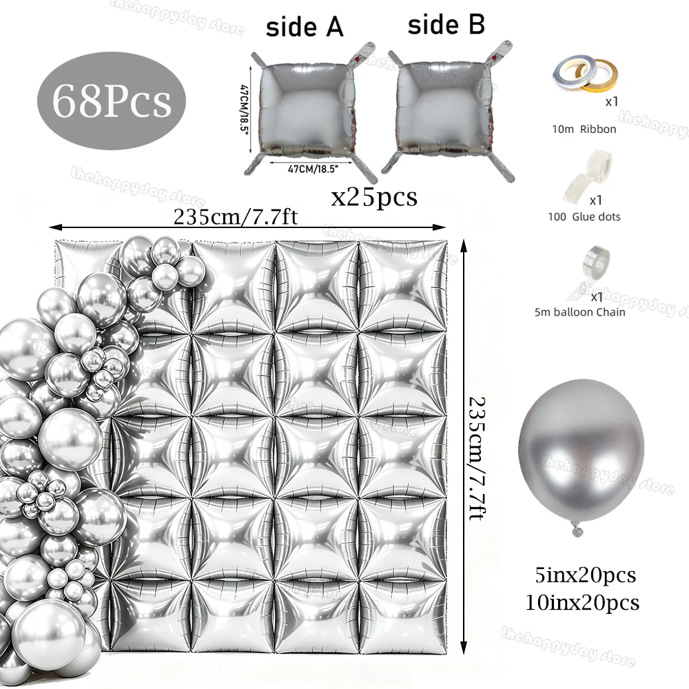 68Pcs Chrome Gold Silver Square Foil Balloons Wall Metal Balloons Arch Garland Kit Disco Birthday 30th 50th New Year Party Decor