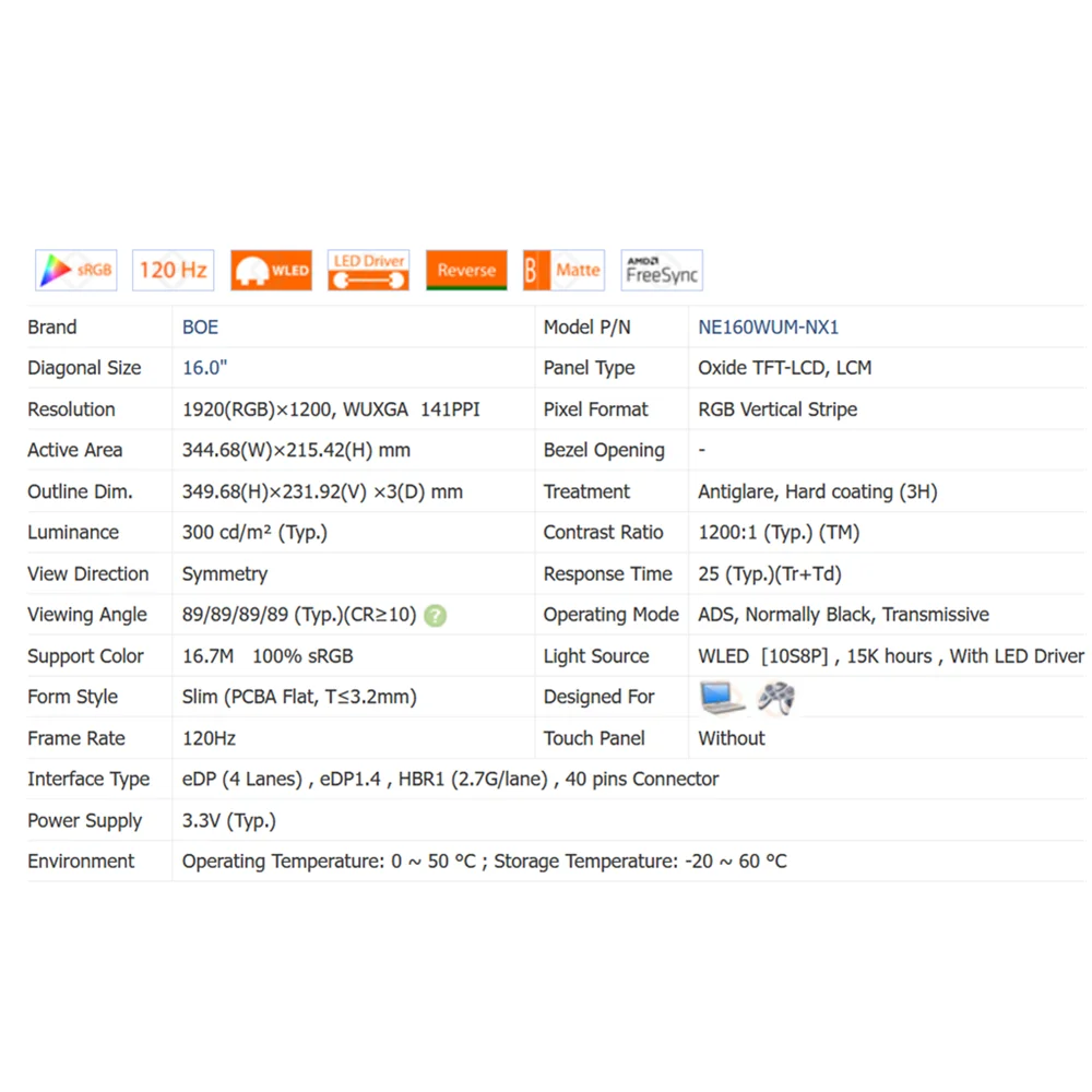 Imagem -05 - No-touch Lcd Screen Laptop Display Painel Ips 1920x1200 Edp 40pins 120hz Ne160wum-nx1 Ne160wum Nx1 V18.0