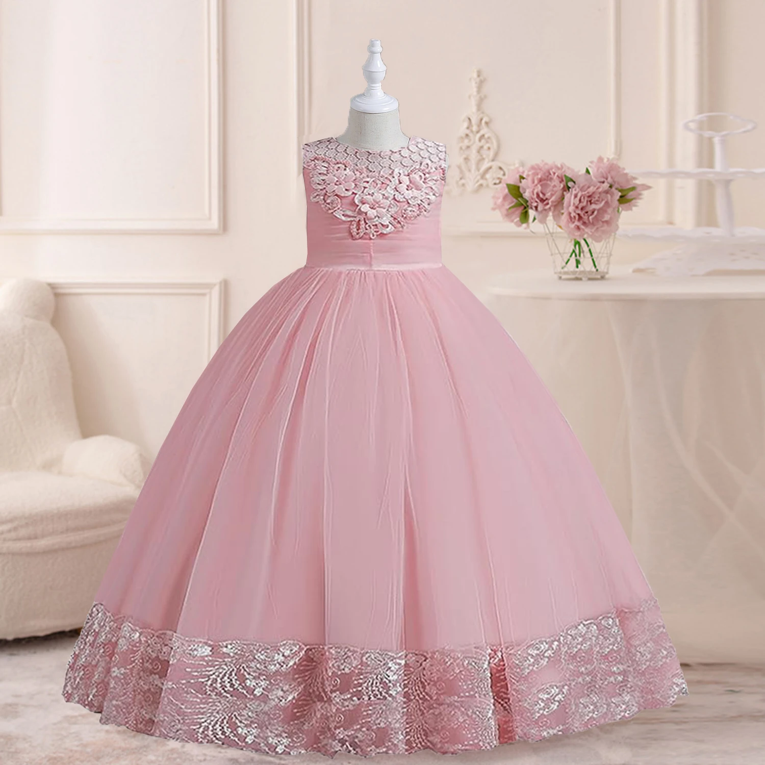 

Elizabeth Fashion Little Big Girls 3D Flower Wedding Bridesmaid Flower Girl Birthday Party Pageant Formal Long Party Dress