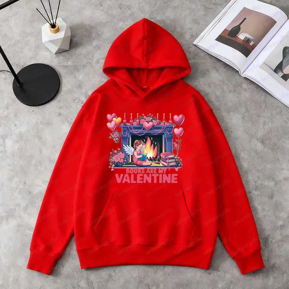 책은 나의 발렌타인입니다 레트로 발렌타인 데이 후드티 귀여운 큐피드 재미있는 커플 스웨트셔츠 여성 캐주얼 가을 겨울 의류