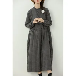 2024 Autumn New Vintage Plaid Cotton Linen Long Dress Loose Casual Simple Long-sleeved Round Neck Literary Maxi Dress for Women