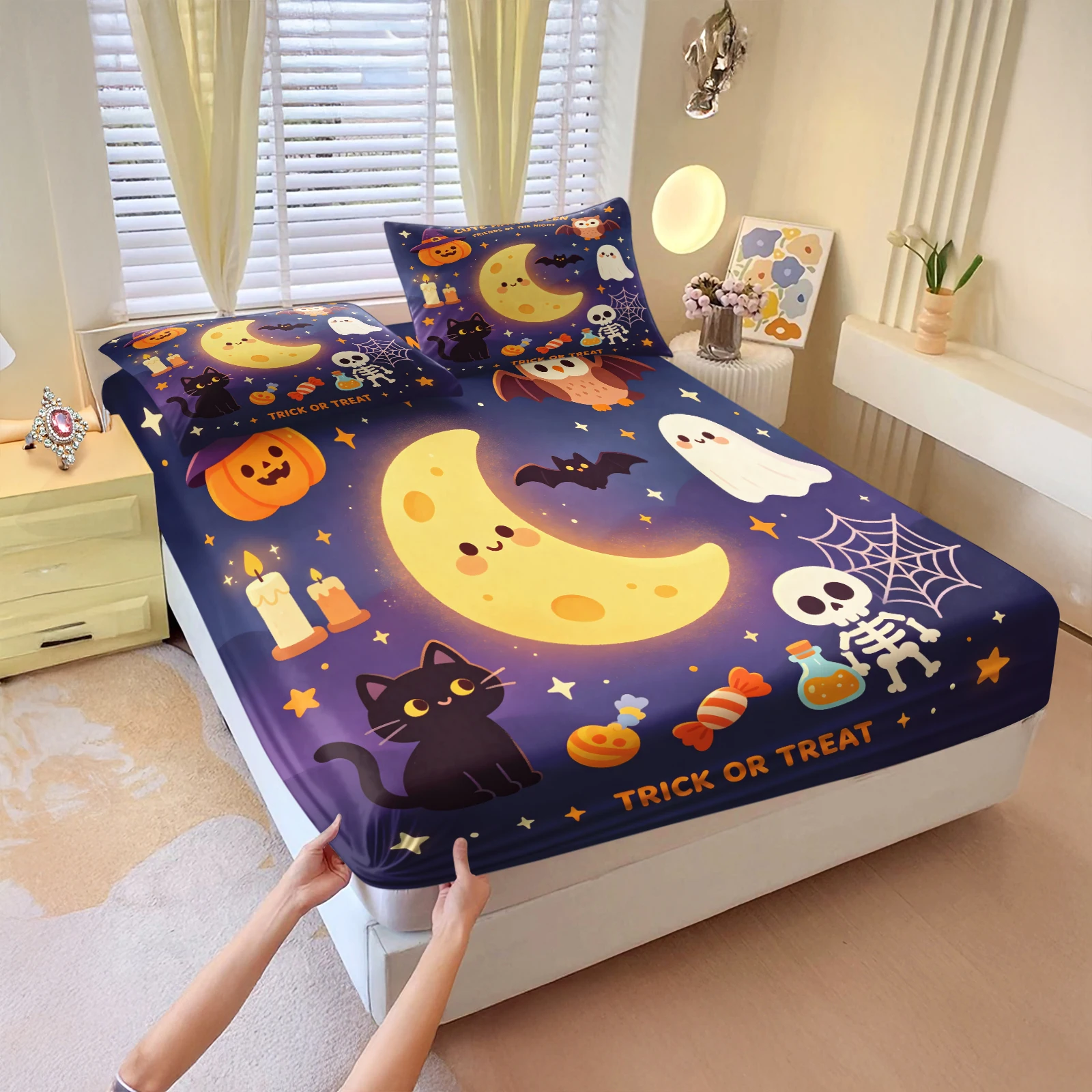 Halloween Fitted Sheet Set Cute Moon Black Cat Ghost Pumpkin Skeleton Print Bed Sheet with Pillowcases Elastic Fitted Bed Cover