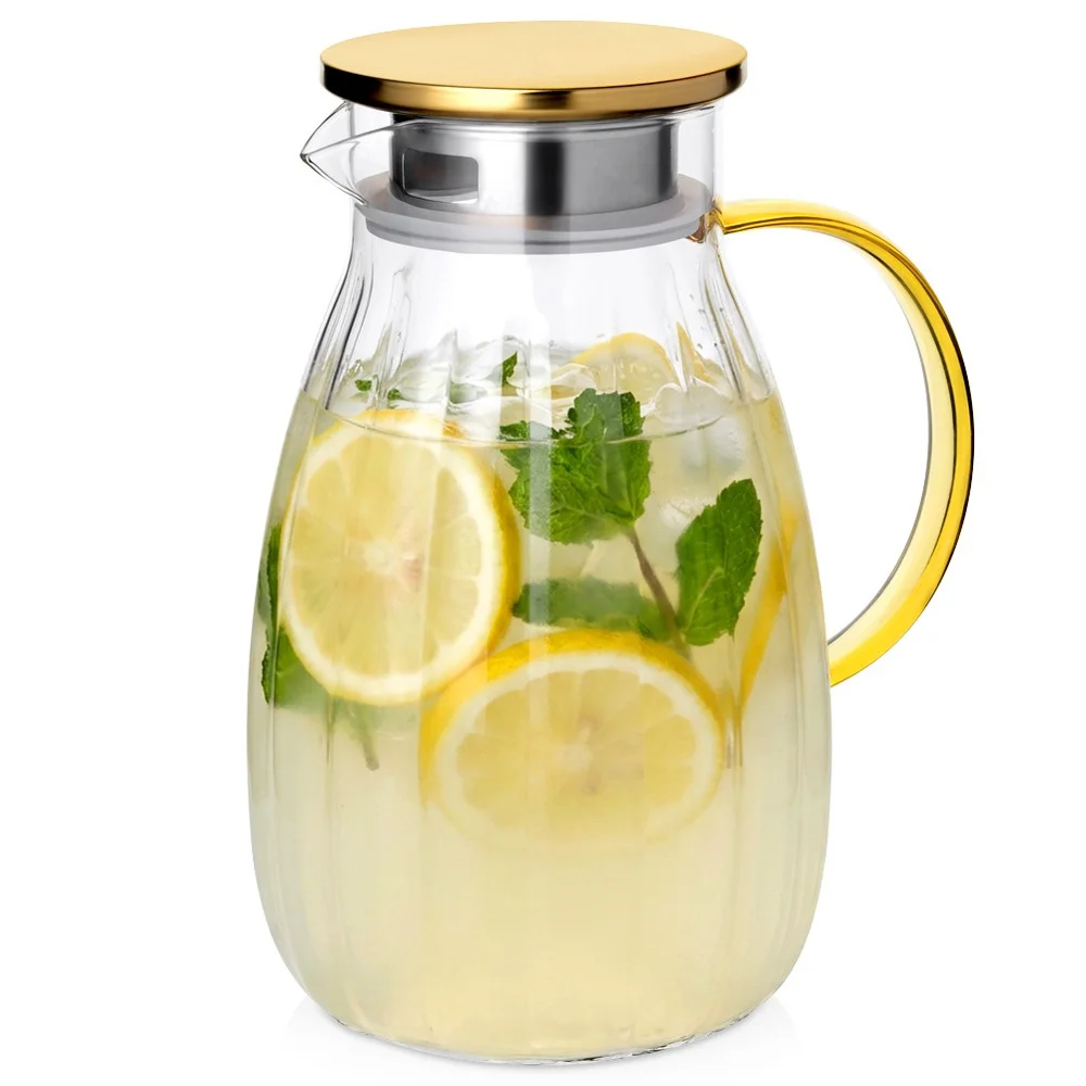 Glazen kan met deksel, 1,6 liter, praktisch voor het serveren van water, sap, limonade, thee en andere dranken. Glazen container met deksel, geschikt voor thuis, in de keuken, in restaurants en voor