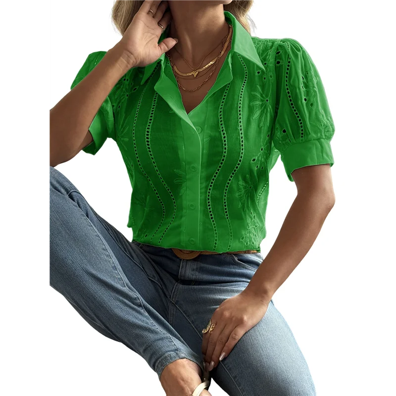 

FX-женские блузки с короткими рукавами и воротником на пуговицах, топ с вышивкой и люверсами