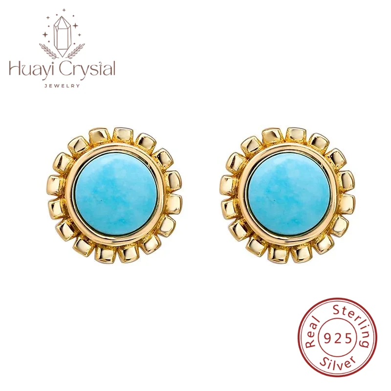 

Simple niche retro geometric round S925 silver plating 14K gold turquoise stud earrings