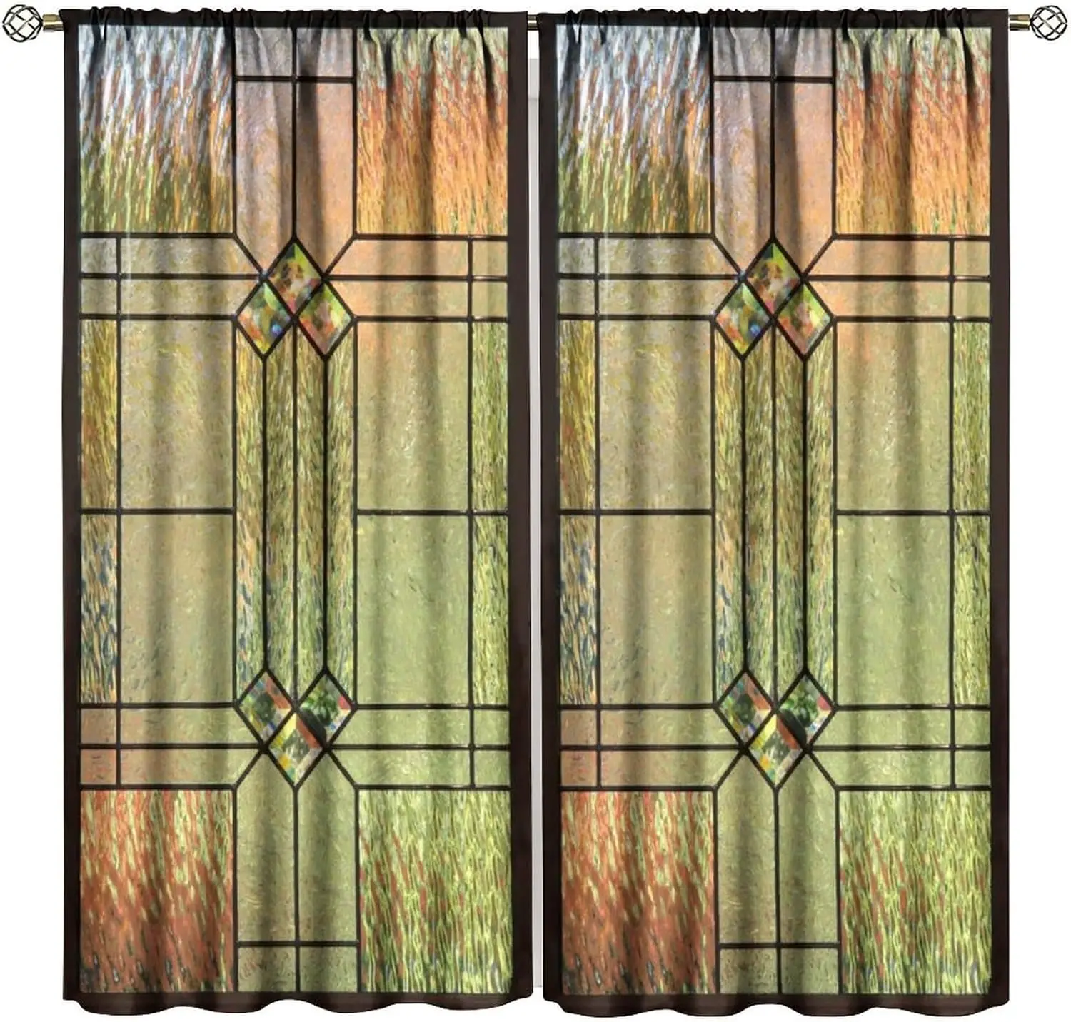 Yellow Stained Glass Curtains, Rod Pocket Thermal Insulated Drapes for Living Room Bedroom Kitchen Cafe Decor