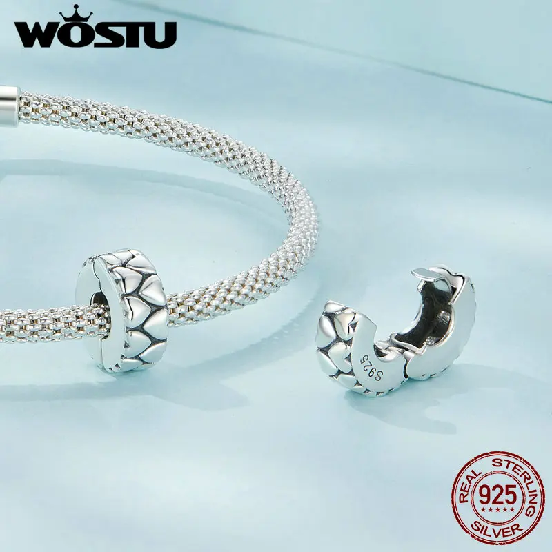 WOSTU 925 Sterling Silver Grateful Heart Charm Pendant Love Positioning Buckle beads For Women Fit DIY Bracelet Necklace Jewelry