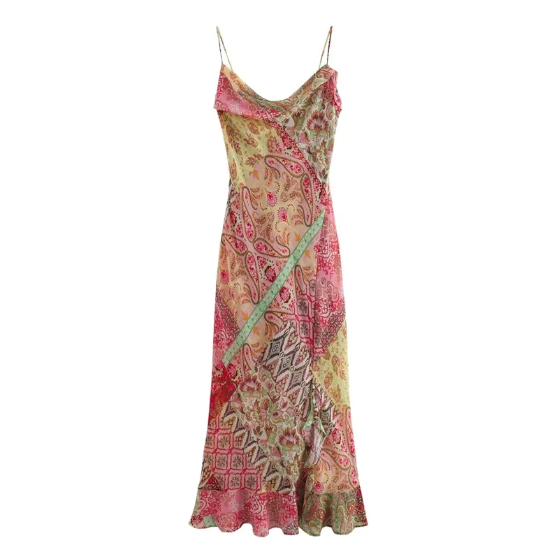 Women's Slip Dress 2025 New Fashion Summer Patchwork Print Backless Dresses for Women Casual Chic Ladies Midi Dress