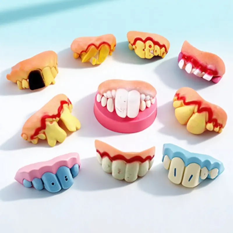 

5Pcs Funny Wacky Artificial Teeth Set Holey Cracked Chipped Wonky Blackened False Tooth Prop for Halloween Easter Masquerade