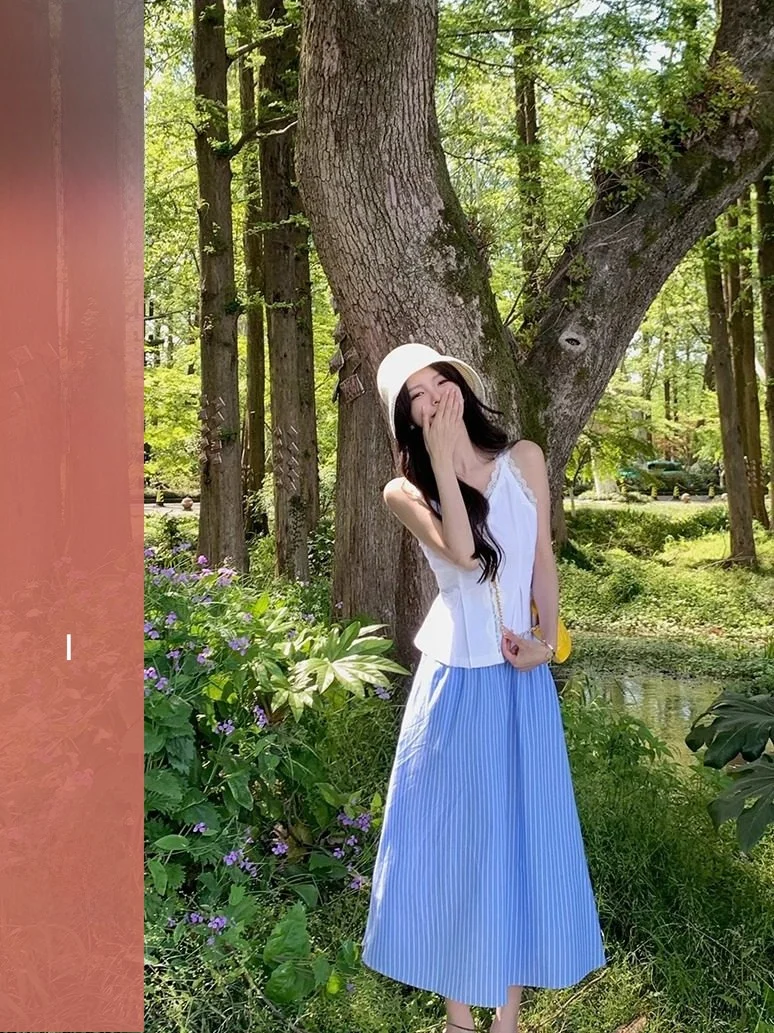 

Женская свободная юбка миди с синими полосками и высокой талией, хлопковая, повседневная, летняя, от HUANG ZUO ZUO