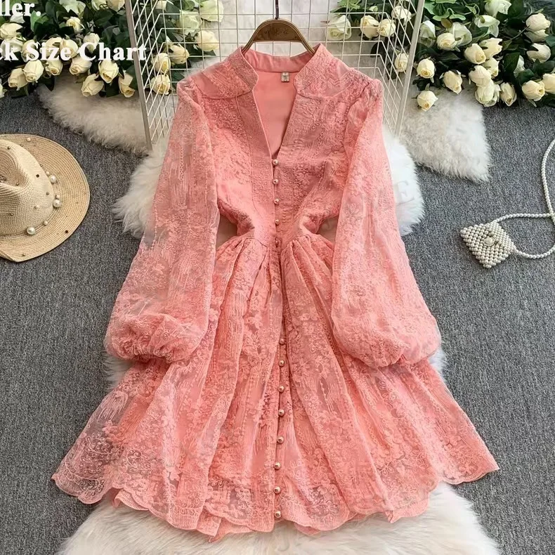 Summer Autumn Long Sleeve Lace Short Dress Women Crochet Embroidery Formal Evening Dresses Fairy Princess Sweet Palace Robe