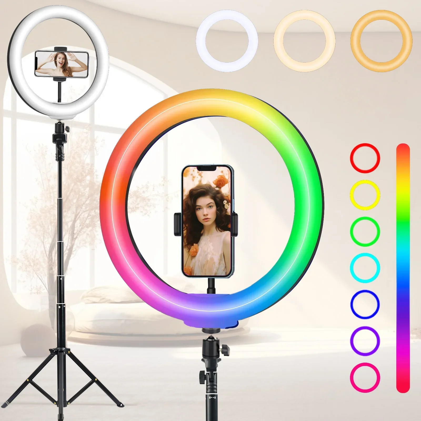 12-calowa 30-centymetrowa lampa pierścieniowa LED do selfie RGB Statyw do telefonu z wysuwaną podstawką 130 cm Światło fotograficzne do makijażu Live Youtube Video Lamp