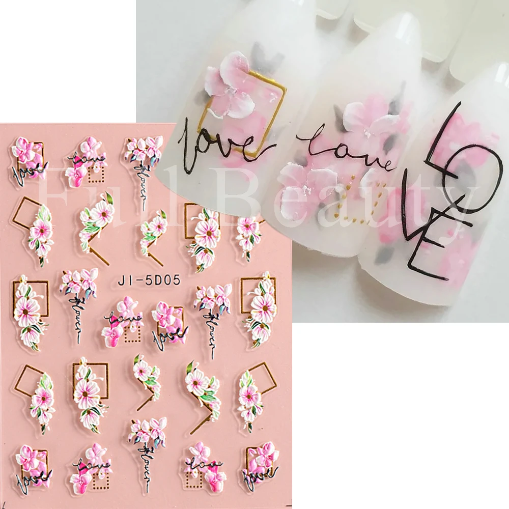 5D Flower Nail Adesivos, Pink Cherry Blossom Decor, Acrílico Gravado Sliders, Geométrica Gold Stripe, Linhas, Decalques Manicure, NLJI-5D05