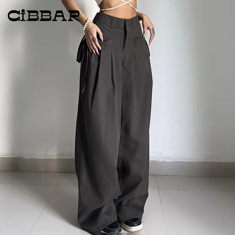 

CIBBAR Baggy Leisure Wide Leg Pants Lace Up High Waisted Streetwear Basic Folds Suit Trousers 2000s Retro Bottoms Office Lady