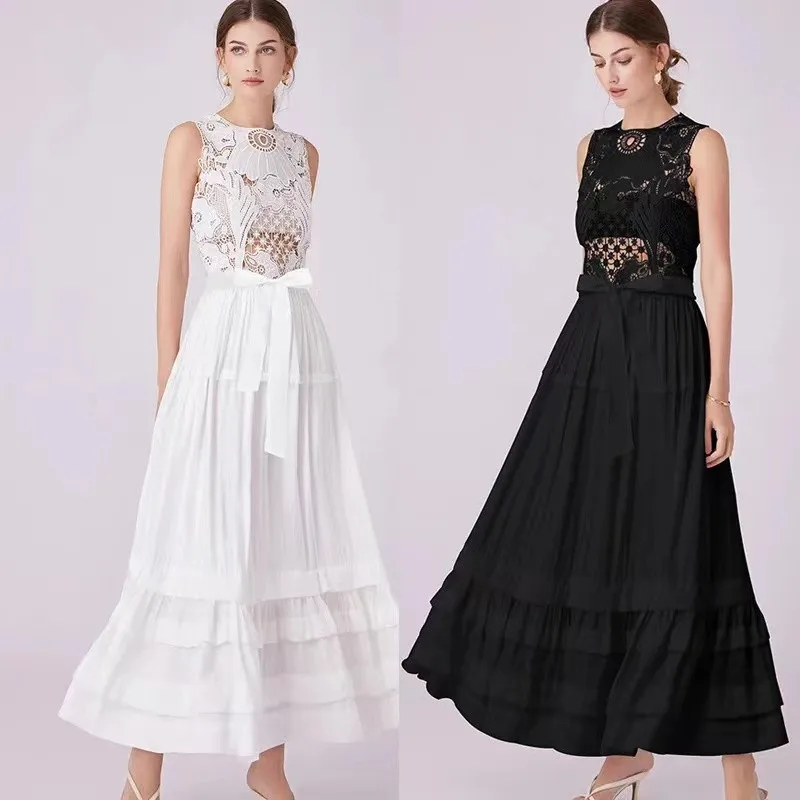 Elegant Summer Embroidery Lace Holllow Out Patchwork Chiffon Dress For Women O Neck Sleeveless Lace Up Belt Holiday Party Robe