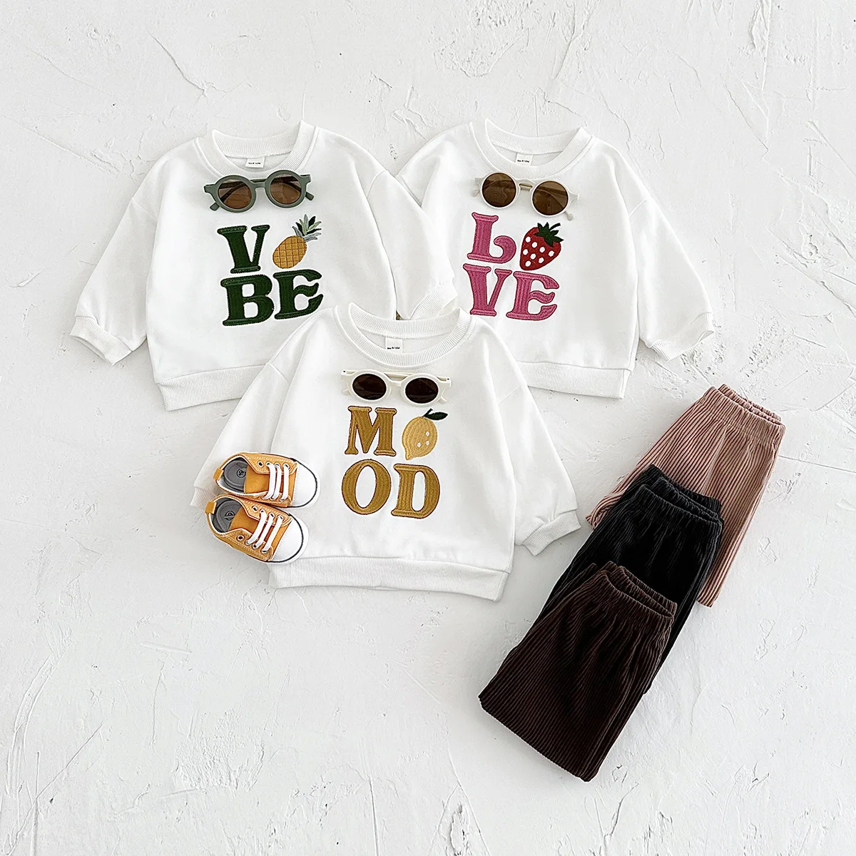 

Toddler Baby Outfit 2Pcs Set Fruit and Letter Embroidered Cotton Sweatshirt and Corduroy Pants 0-4Y Daily Baby Girl Clothes