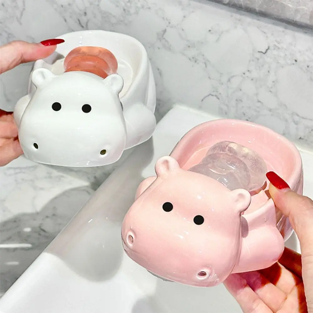 Portable Cute Hippo Soap Box Cartoon No Water Drain Soap Shelf Free Punching Creative Ceramic Soap Dish Bathroom