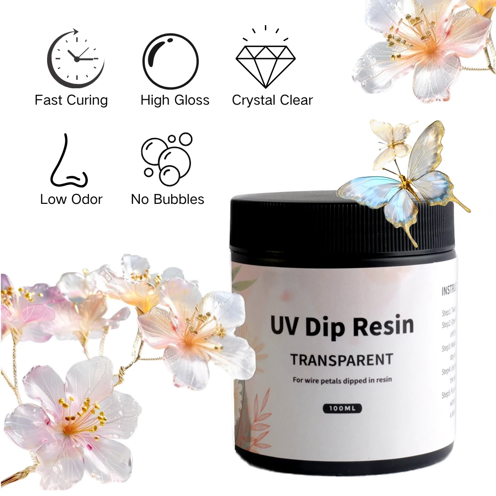100/200/300ML UV DIP Resin Glue For Wire Flowers Transparent Liquid High Gloss Ultraviolet Curing Crystal UV Glue Jewelry Making