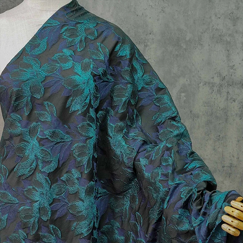 Embossed Blue Magnolia Jacquard Fabric, Vintage Yarn-Dyed Textile for DIY Sewing Dress Suit Handmade Bag