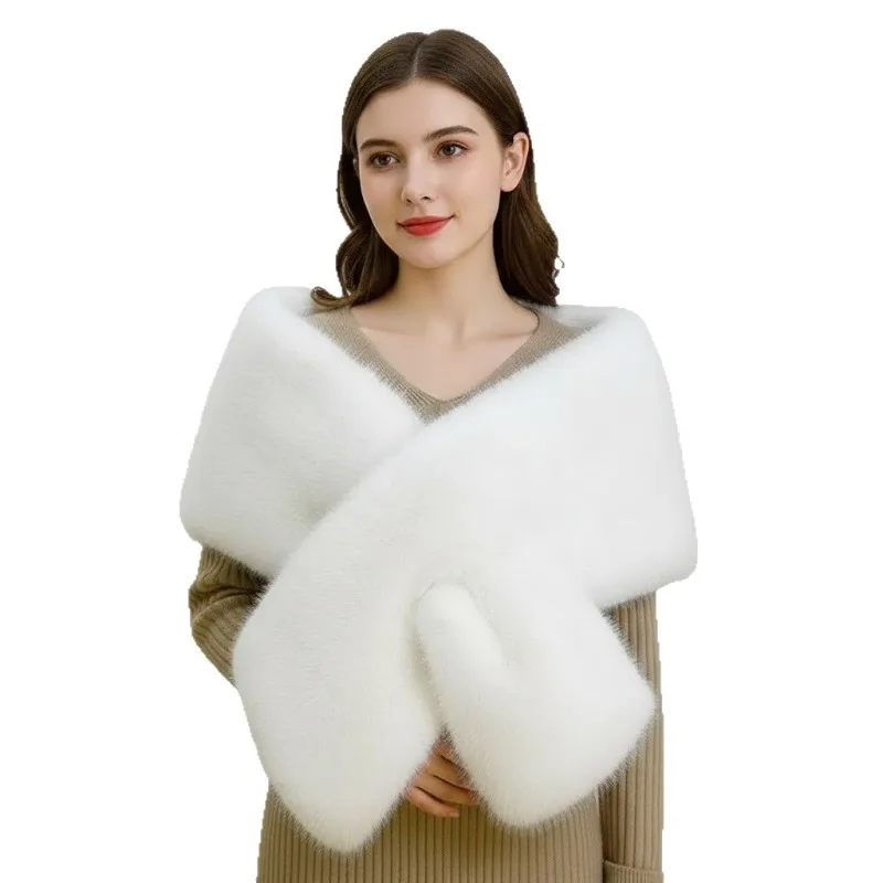 Fotografia 7: Xale de casamento longo em pele sintética para mulheres, com gola removível, capa de luxo com acabamento em pele sintética, ideal para festas e para usar como protetor de pescoço com vestidos de noite.