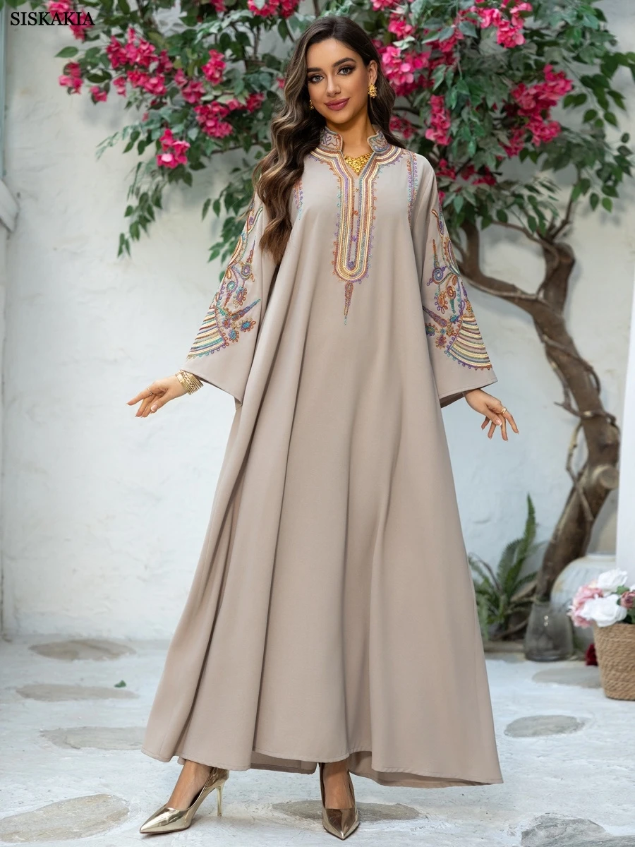 Siskakia Ramadan Dubai Floral Embroidery Guipure Panel Belted Dress Muslim Elegant Loose Maxi Abaya