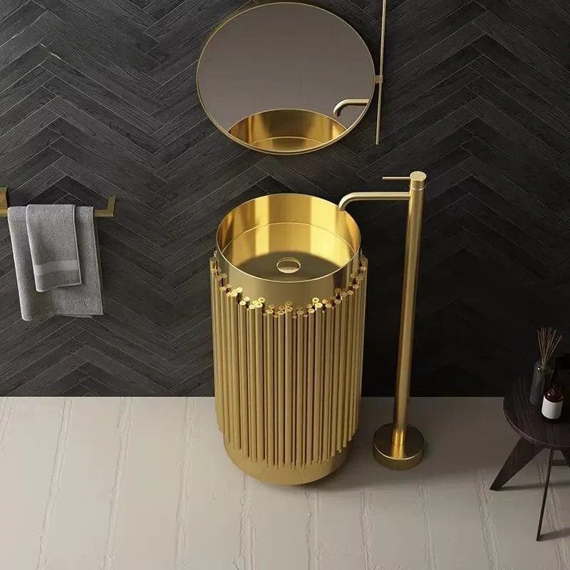for Modern rectangular stainless steel column basin piece bathroom base sink combination floor vertical hotel sink