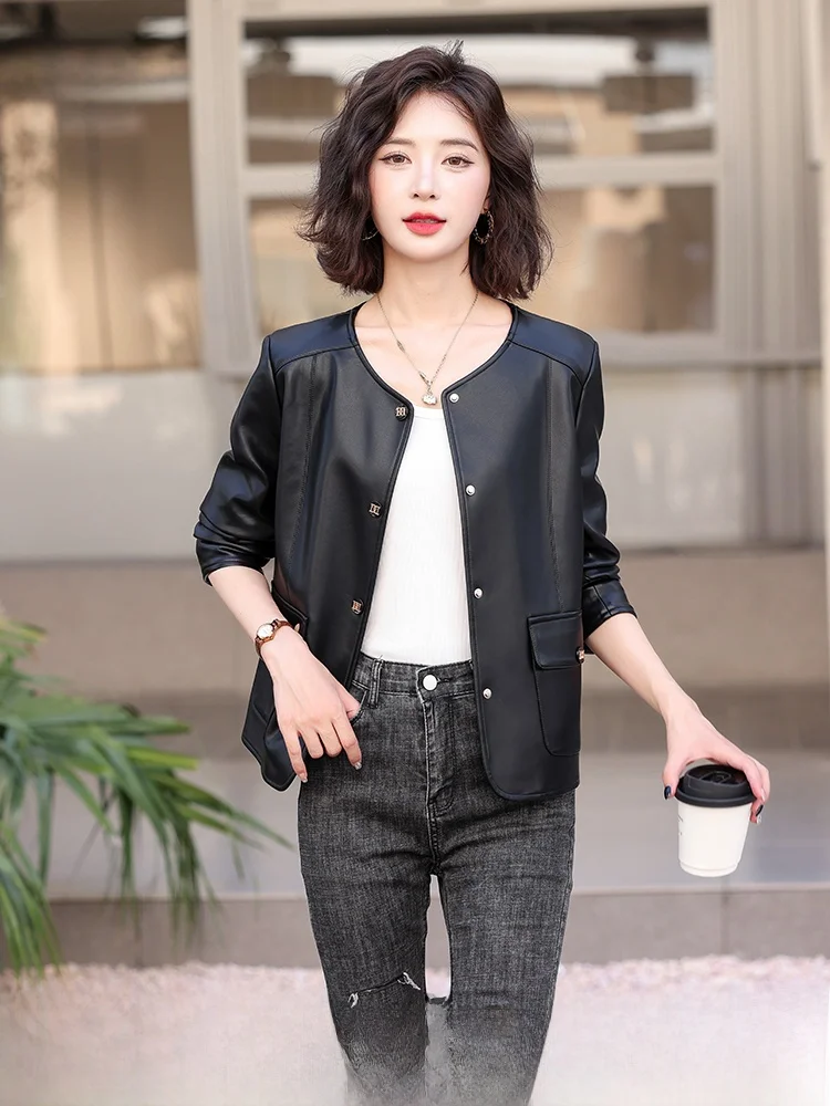 

Женская модная куртка из натуральной овчины Ele ort, весна-осень, приталенная, с круглым вырезом, утепленная верхняя одежда