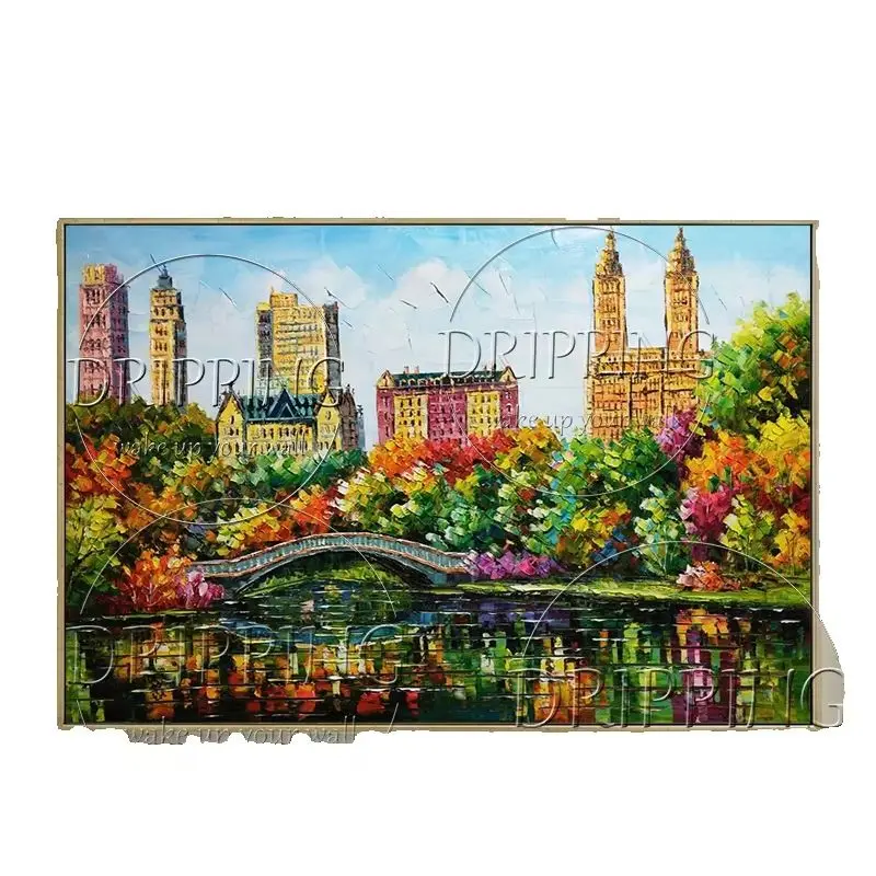 Skilled Artist Hand-painted Superb Art Pallete Knife Landscape Oil Painting on Canvas New York Central Park View Oil Painting