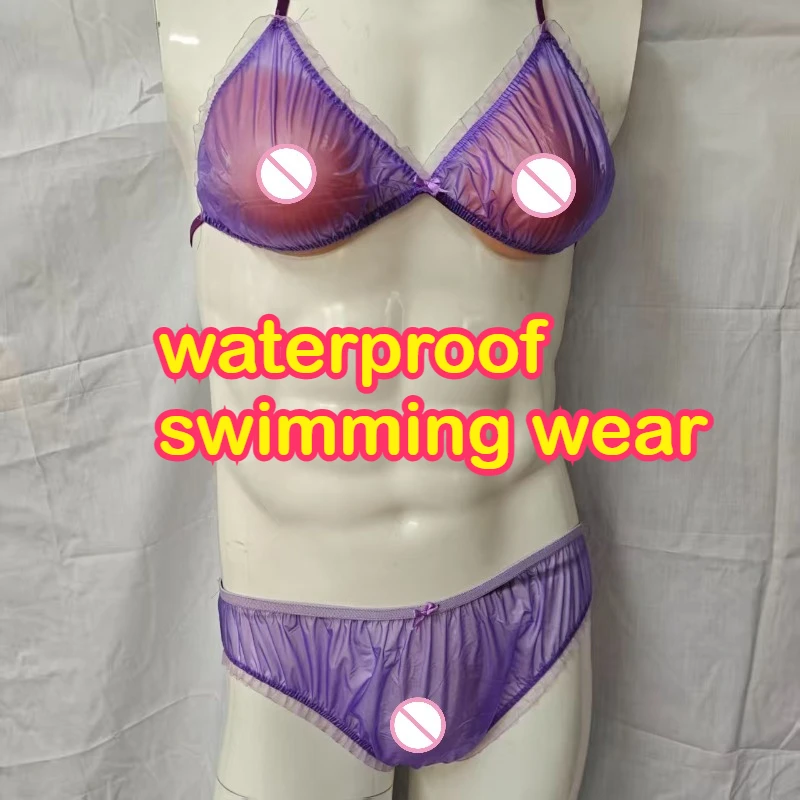 PVC Waterproof Swimsuit Set Waterproof and Antivirus Sexy Bikini Sheer Bra Top with Briefs Plastic Suit Show Dance Club Bar