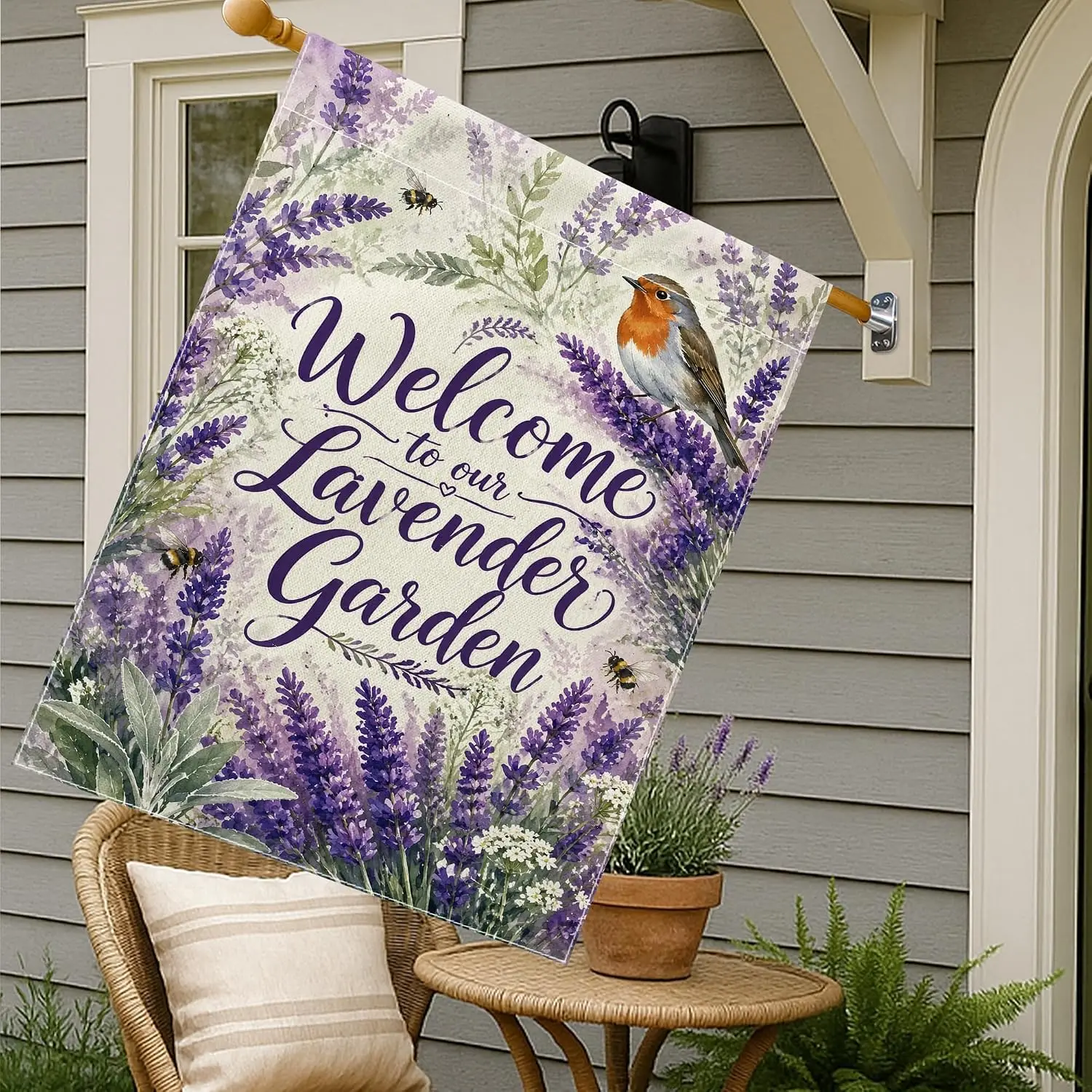 Lavender House Flag, Garden Nature Bird Bee Spring Violet Double Sided Burlap Decorative Outside Porch Flags for Outdoor Pat aaz