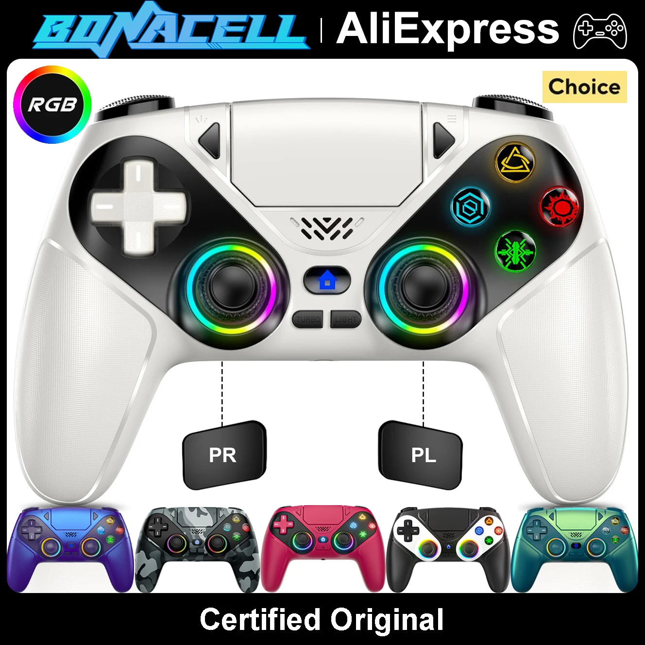 Mandos de juego para Playstation 5/PS5, controlador inalámbrico con luz RGB Turbo/Marco, giroscopio de 6 ejes, vibración dual, control remoto para juegos, Joystick