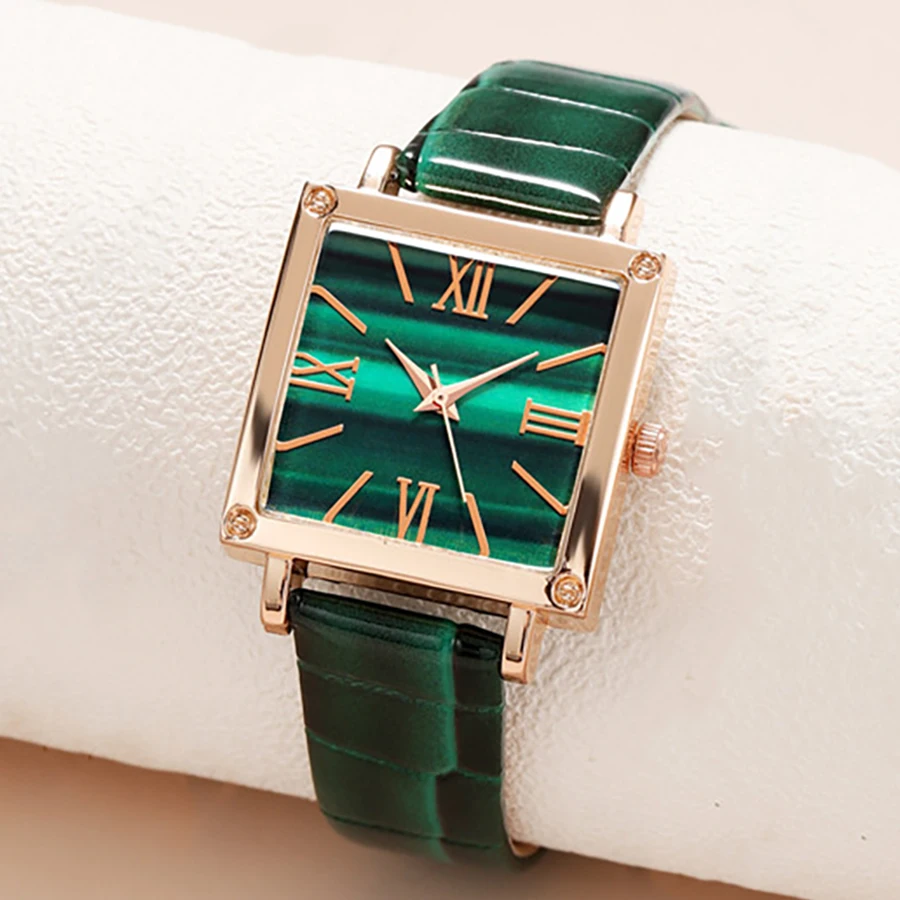 Зеленый женский комплект часов, модный тренд, простые кварцевые часы с прямоугольным циферблатом, идеальный подарок