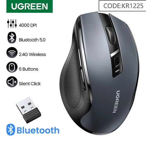 Imagen 1 del producto UGREEN Ratón inalámbrico Bluetooth5.0 Mouse ergonómico 4000dpi 6 botones mudos mouse para laptops de tableta MacBook PC 2.4G Rates