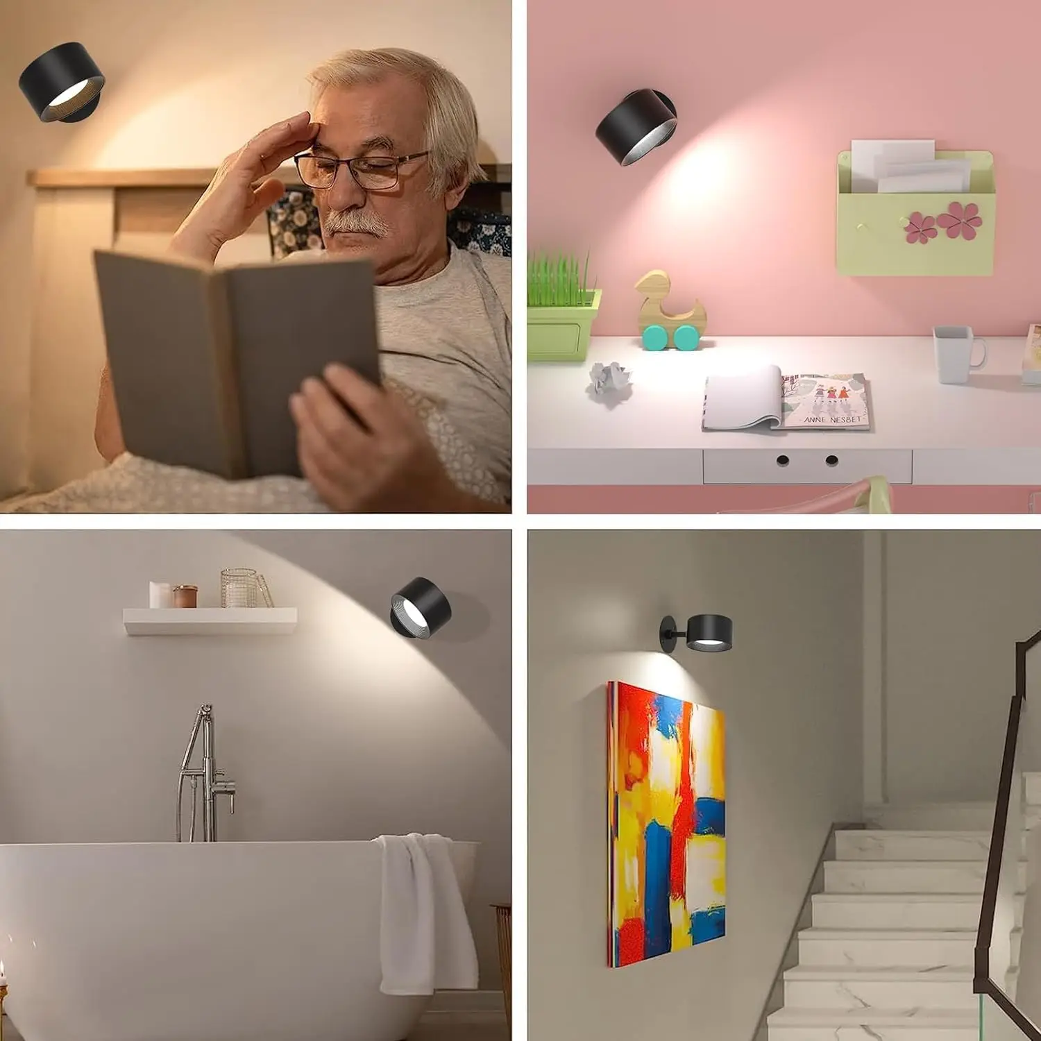 Luces de pared LED con control remoto, lámpara de lectura recargable montada en la pared 2000mAh, 3 colores y regulable magnético 360 °   podrida podrida