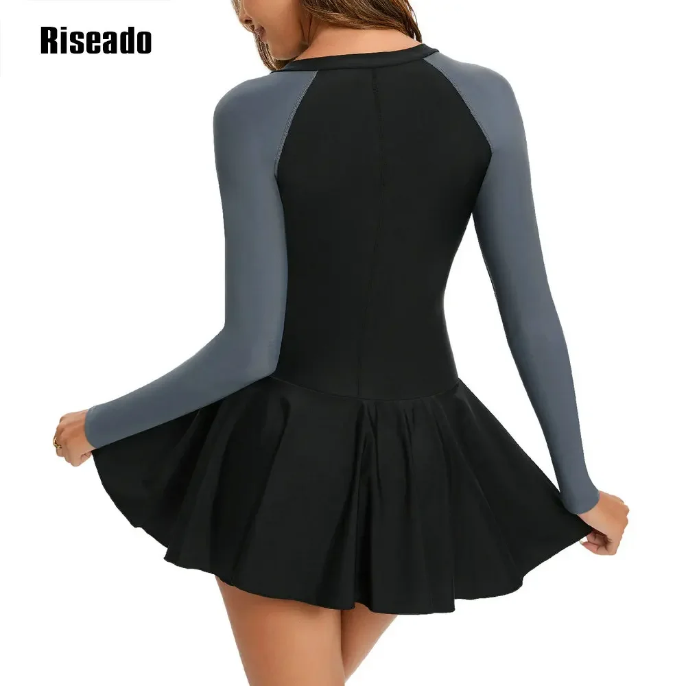 Long Sleeve Swimsuits Swim Dress Women Rash Guard Modest One Piece Swimwear with Skirt Bathing Suit