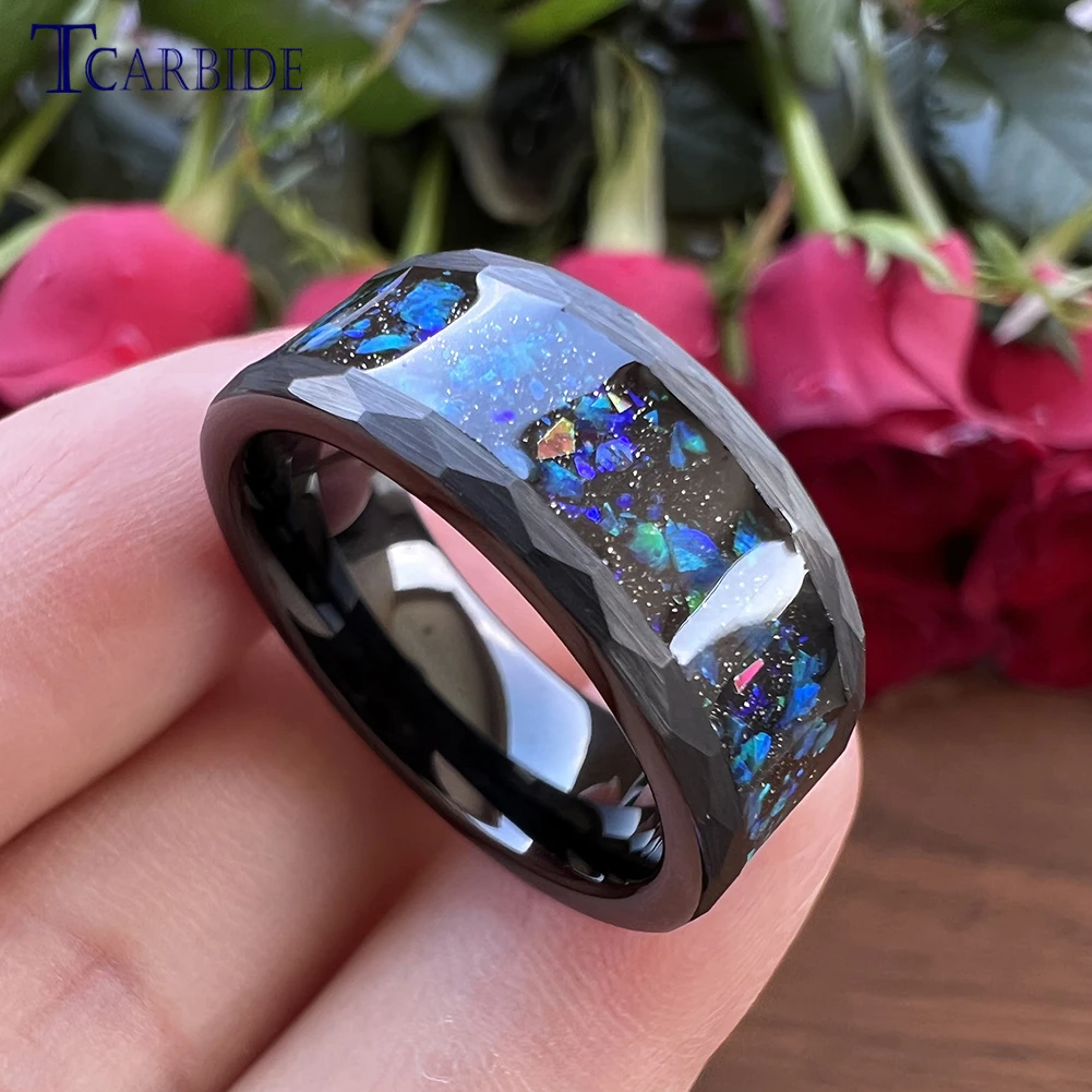 Black Hammer Ring Multi Facet Tungsten Wedding Band For Men Women With Galaxy Series Opal Inlay 8MM Comfort Fit